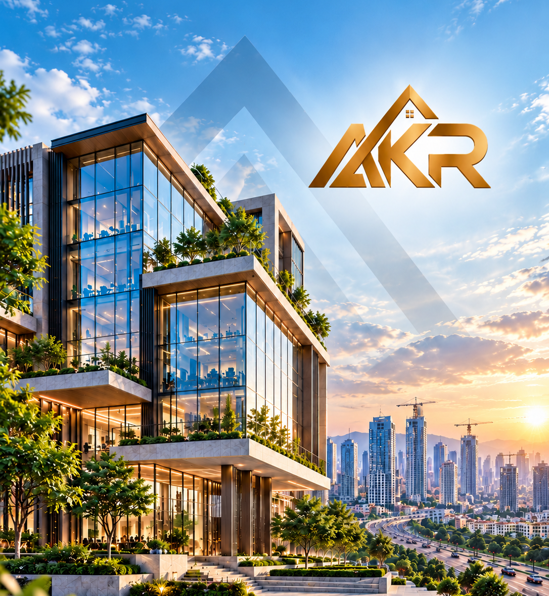Modern glass building with landscaped terraces overlooking a city skyline at golden hour, with the golden AKR logo